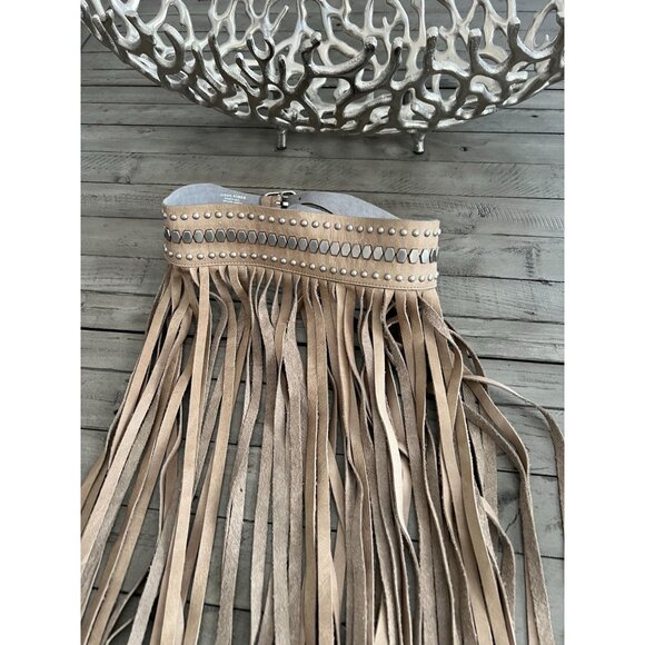 STREETS AHEAD Fringe Studded Long Leather Belt Festival Beige Silver Size Small - Picture 6 of 11